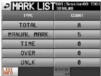 MARK LIST 001 : Session00 - TO01 TOTAL#8 TYPE COUNT TOTAL 8 MANUAL MARK 5 TIME 0 OVER 0 UNLK 0 LIST INFO TITLE 21