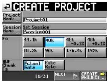 CREATE PROJECT Project Name Project01 Session Nanc 1st Session Session001 Fs 44.1k 48k 40k 40k -0.1% +0.1% 88.2k 96k 176.4k 192k BUF Chunk Is Actual Rate Fake Rate [1/3] NEXT CREATE PROJECT