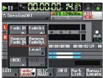 Session001 Fade IN FadeOut Remove Fade IN Remove FadeOut Level UNDO REND Fade/ Level SEI/ SELECT INFO Mark List Manual Locate