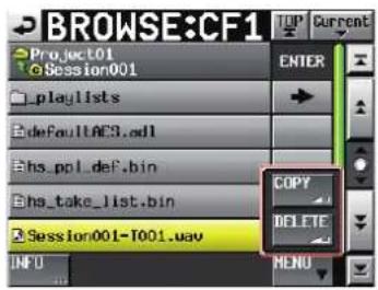 BROWSE:CF1 Project01 Session001 playlists defaultACS.edl hs_ppl_def.bin hs_take_list.bin Session001-T001.uav INFO ENTER COPY DELETE MENU