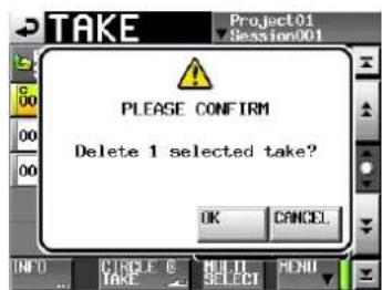 TAKE Project01 Session001 PLEASE CONFIRM Delete 1 selected take? OK CANCEL INFO CIRCLE O BULL HONU TAKE SELECT