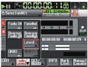 Session001 CF1 124h00m 00:00 In Bedie Fade IN FadeOut Remove Fade IN Remove FadeOut Level UNDO REDO CONT Fade/ Level SCI SELECT INFO Mark List Manual Locate