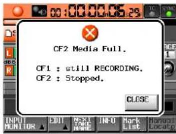 CF2 Media Full. CF1 : still RECORDING. CF2 : Stopped.