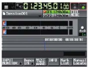 0 123450 1:00 Session001 F1 124h00n F2 124h00n L R 00:00:00:00 00:00:00:07 INPUT MUNITOR Bounce I/O NEXT TAKE NAME INFO Mark List... Manual Locate