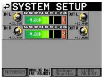 SYSTEM SETUP IN L 66.06.08.24 10 12 6 0 dB OUT L +12.0dB 9.2dB 1 IN R 56.36.38.24 10 12 6 0 dB OUT R +12.0dB -9.2dB 2 PREFERENCES ANALOG Ref Backup/ CLOCK LUL ADJUST Startup ABUST