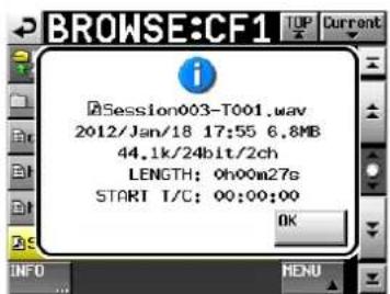Session003-T001.wav 2012/Jan/18 17:55 6.8MB 44.1k/24bit/2ch LENGTH: 0h00m27g START T/C: 00:00:00 OK
