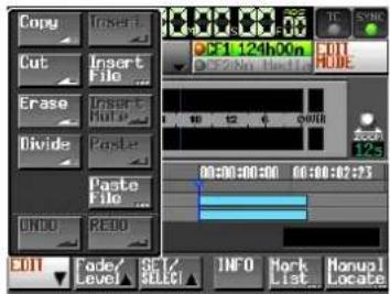 Copy Insert Cut Insert File Erase Insert Hute Divide Paste File ONDO REDO 0:1 124h00m 0:00:00:00 00:00:02:23 00:00:00:00 00:00:02:23 Fade/SET INFO Mark Manual Level SELECT List Locate
