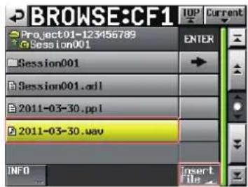 BROWSE:CF1 Project01-123456789 Session001 Session001 Session001.adl 2011-03-30.pp1 2011-03-30.wav INFO Insert File