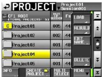 PROJECT Project 01 Session001 CF1 ROOT TOTAL PROJECTS: 01 C Project01 Project02 Project03 Project04 Project05 INFO CREATE MULTI MENU F5 LOAD REBUILD EDIT NAME DELETE MENU SELECT