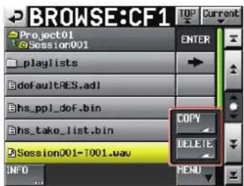 BROWSE:CF1 Project01 Session001 Playlists defaultAES.adl pspl_def.bin hs_tako_list.bin Session001-T001.wav INFO ENTER COPY DELETE MENU