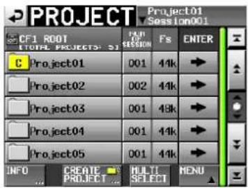 PROJECT Project01 Session001 CF1 ROOT TOTAL PROJECT01 F4 SESSION Fs ENTER C Project01 001 44k Project02 002 44k Project03 001 48k Project04 001 44k Project05 001 44k INFO CREATE MULTI MENU PROJECT SELECT