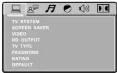 TV SYSTEM SCREEN SAVER VIDEO HD OUTPUT TV TYPE PASSWORD RATING DEFAULT
