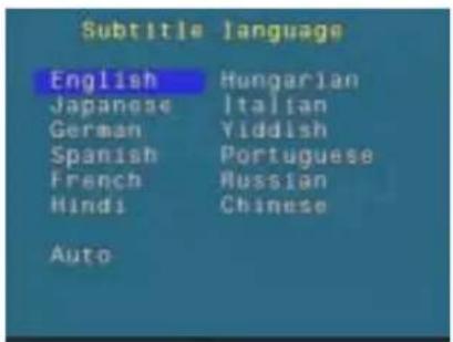 Subtitle language English Hungarian Japanese Italian German Yiddish Spanish Portuguese French Russian Hindi Chinese Auto