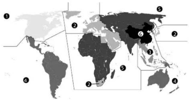 World map with numbered regions highlighting Asia, Africa, and South America