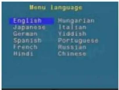 Menu language English Japanese German Spanish French Hindi Hungarian Italian Yiddish Portuguese Russian Chinese