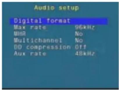 Audio setup Digital format Max rate 96kHz MHR No Multichannel No DD compression Off Aux rate 48kHz