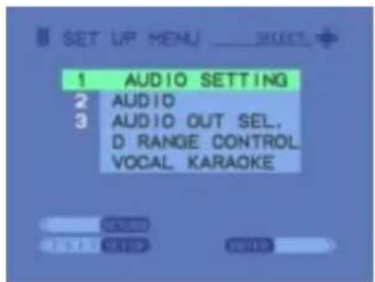 1 AUDIO SETTING 2 AUDIO 3 AUDIO OUT SEL, D RANGE CONTROL VOCAL KARAOKE