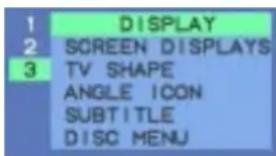 1 DISPLAY 2 SCREEN DISPLAYS 3 TV SHAPE ANGLE ICON SUBTITLE DISC MENU