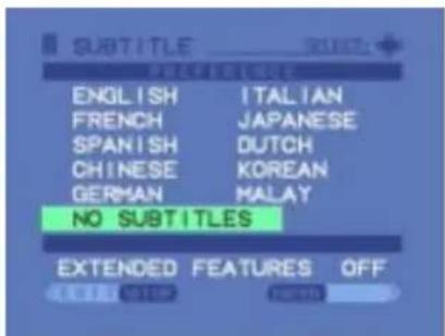 SUBTITLE ENGLISH ITALIAN FRENCH JAPANESE SPANISH DUTCH CHINESE KOREAN GERMAN MALAY NO SUBTITLES EXTENDED FEATURES OFF EXIT STOP FREE
