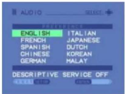 AUDIO SELECT PAPERSIBLES ENGLISH ITALIAN FRENCH JAPANESE SPANISH DUTCH CHINESE KOREAN GERMAN MALAY DESCRIPTIVE SERVICE OFF OK OK Cancel Cancel