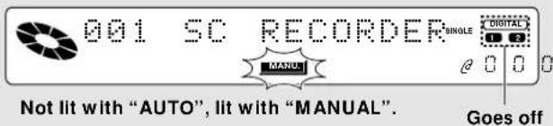 001 SC RECORDER: SINGLE MANUAL Not lit with "AUTO", lit with "MANUAL". Goes off