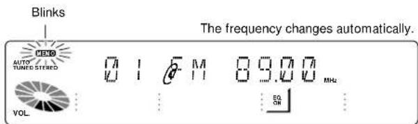 Blinks The frequency changes automatically. AUTO TUNES STEREO 0 1 5 M 89.00 MHz VOL ... ... ... ...