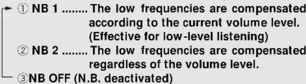 ① NB 1 ...... The low frequencies are compensated according to the current volume level. (Effective for low-level listening) ② NB 2 ...... The low frequencies are compensated regardless of the volume level. ③ NB OFF (N.B. deactivated)