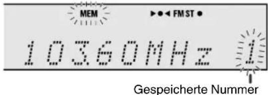 MEM ►●◀ FM ST ● 10360MHz 1 Gespeicherte Nummer