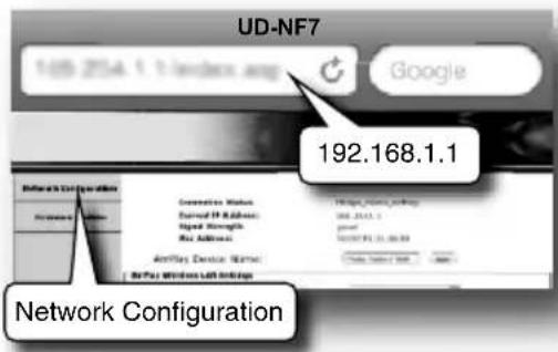 UD-NF7 1:05 2554.1.1-endors.asp Google 192.168.1.1 Network Configuration Connection Status Express IP (Address) Signal Strengths Key Address AerPlay Device Name: AerPlay Windows User Interface Network Configuration