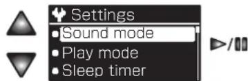 Settings • Sound mode • Play mode • Sleep timer