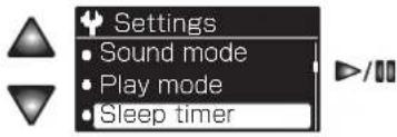 Settings • Sound mode • Play mode • Sleep timer