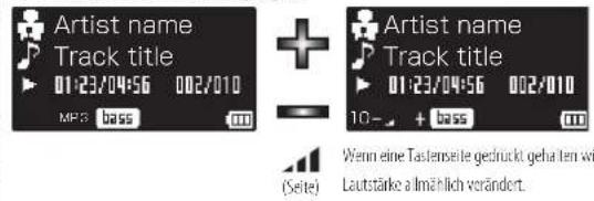 Artist name Track title 01:23/04:56 002/010 MPS bass + - Artist name Track title 01:23/04:56 002/010 10- + bass (Seite) Wenn eine Tastensite gedrückt gehalten wir Lautstärke a l'immlich verändert.