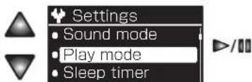 Settings • Sound mode • Play mode • Sleep timer