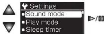 Settings Sound mode Play mode Sleep timer