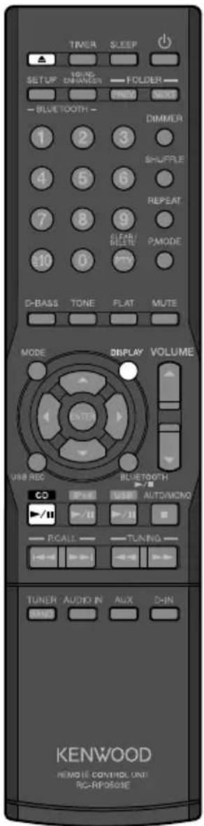 TIMER SLEEP SETUP DRINKING FOLDER TREM NEXT -BLUTTOOTH - 1 2 3 DIMMER SHUFFLE 4 5 6 REPEAT 7 8 9 CLEAR/ MUTE PMODE 10 0 PPV D-BASS TONE FLAT MUTE MODE DISPLAY VOLUME U8B REC BLUETOOTH CD USB AUTO/MONO /II /II RCAIL TUNING TUNER AUDIO IN AUX DIN KENWOOD REMOTE CONTROL UNI RC-RPO50E