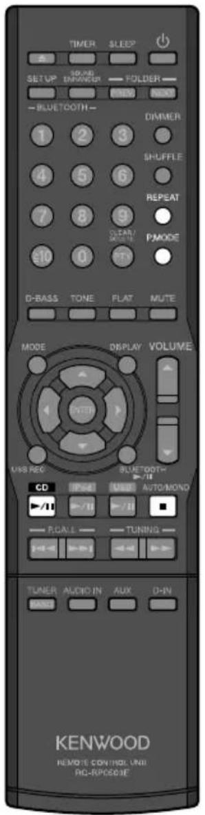 TIMER SLEEP SETUP 30 KB EMPOWER FOLDER NEW BLUETOOTH DIMMER 1 2 3 SHUFFLE 4 5 6 REPEAT 7 8 9 CLEAR/ SMOLED PMODE €10 0 D-BASS TONE FLAT MUTE MODE DISPLAY VOLUME ENTER USB REC BLUETOOTH /II CD IP+4 USB AUTO/MOND +/II +/II P.CALL TUNING TUNER AUDIO IN AUX D-IN KENWOOD REMOTE CONTROL UNI AC-RPOSOIE