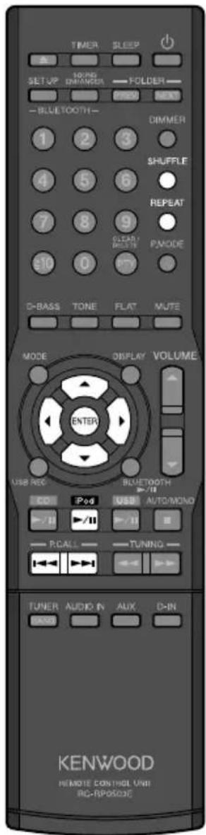 TIMER SLEEP SETUP 3000000000000000000000000000000000000000000000000000000000000000000000000 FOLDER PRESS NEXT BLUETOOTH- DIMMER 1 2 3 SHUFFLE 4 5 6 REPEAT 7 8 9 GREEN MOUNT P.MODE 10 0 D-BASS TONE FLAT MUTE MODE DISPLAY VOLUME ENTER USB REC BLUETOOTH USB AUTO/MONO CDI iPod USB R.CALL TUNING TUNER AUDIO IN AUX D-IN KENWOOD REMOTE CONTROL UNIT RC-RPOKOC