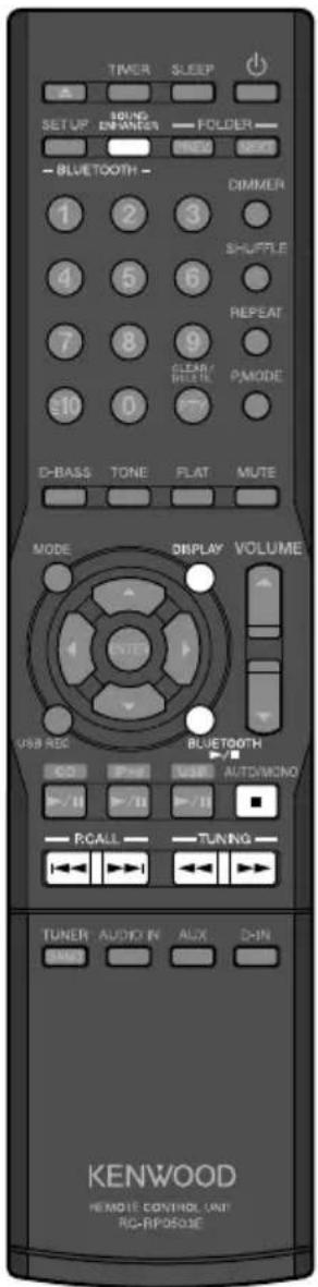 TIMER SLEEP SETUP SPRING DRAWER FOLDER PREM NEXT BLUETOOTH 1 2 3 DIMMER SHUFFLE 4 5 6 REPEAT 7 8 9 CLEAR/ MEEE PMODE 10 0 D-BASS TONE FLAT MUTE MODE DISPLAY VOLUME USB REC BLUETOOTH CO PHE USB AUTO/MONO R/R 1R 1R 1R RCALL TUNING TUNER AUDIO IN AUX DOWN KENWOOD REMOTE CONTROL UNIT RC-RP0503E