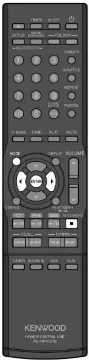 TIMER SLEEP SET UP 10-RS INFLUER FOLDER PREW = BLUETOOTH 1 2 3 DIMMER 4 5 6 SHUFFLE 7 8 9 REPEAT 210 CLEAR PMODE D-BASS TONE FLAT MUTE MODE DISPLAY VOLUME ENTER USB REC BLUETOOTH +/- USB AUTOKING +/- USB P.CALL TUNING TUNER AUDIO IN AUX D-IN KENWOOD REMOTE CONTROL UNIT RG-RPOSCIE