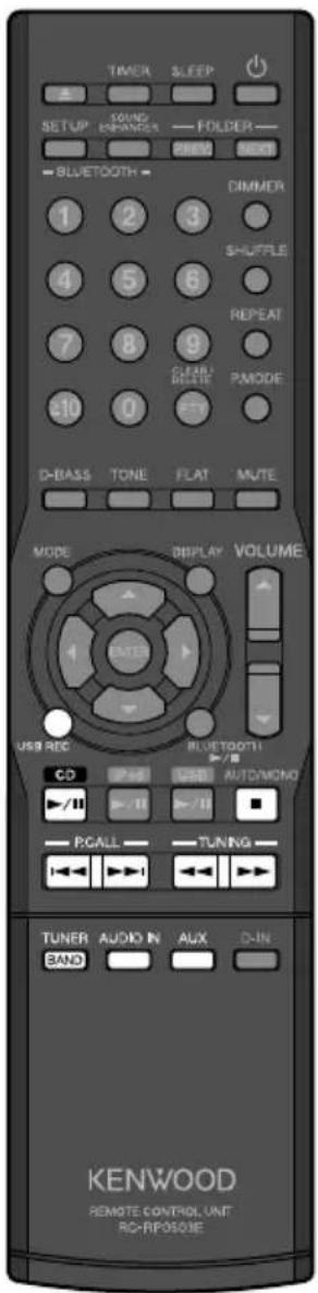 TIMER SLEEP SETUP MOUND ENRANER FOLDER PREM NEXT BLUETOOTH DIMMER 1 2 3 SHUFFLE 4 5 6 REPEAT 7 8 9 CLEAR MOATE PMODE 10 0 PHY D-BASS TONE FLAT MUTE MODE DISPLAY VOLUME USB REC BLUETOOTH CD USB AUTO/MONO /11 /11 PGALL TUNING TUNER AUDIO IN AUX D-IN BAND KENWOOD REMOTE CONTROL UNIT RC-RFOSOME