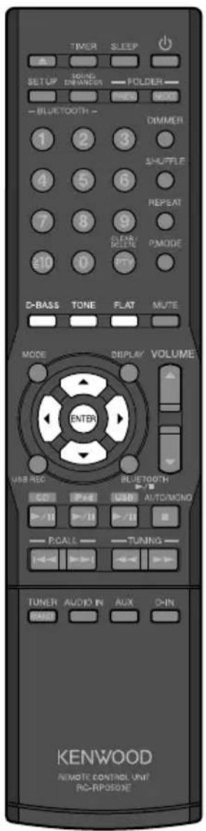 TIMER SLEEP SETUP MOUNT DRUMBER POLDER PRET NEXT BLUETOOTH DIMMER 1 2 3 SHUTPLE 4 5 6 REPEAT 7 8 9 CLEAR/REPEAT PMODE 20 0 PTY D-BASS TONE FLAT MUTE MODE DISPLAY VOLUME ENTER USB REC BLUETOOTH COI P+4 USB AUTO/MONO +/II //II //II PCALL TUNING TUNER AUDIO IN AUX D-IN KENWOOD REMOTE CONTROL UNIT RC-RPOXIDE