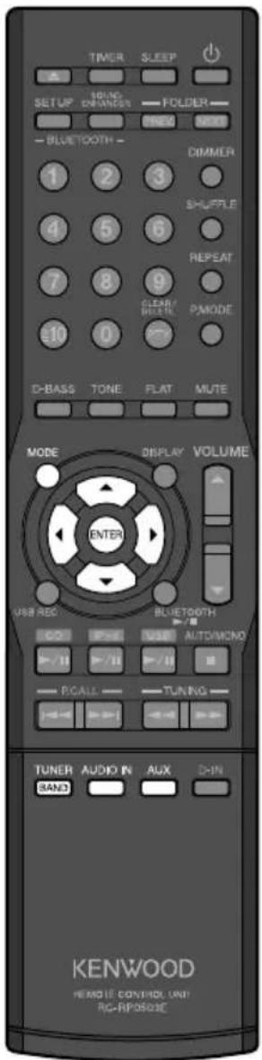 TIMER SLEEP SETUP DRINKING FOLDER NEW NEXT - BLUETOOTH - DIMMER 1 2 3 SHUFFLE 4 5 6 REPEAT 7 8 9 CLEAR/ HOLDLE PMODE 10 0 D-BASS TONE FLAT MUTE MODE DISPLAY VOLUME ENTER USB REC BLUETOOTH CO P+1 USB AUTO/MONO + / 11 + / 11 R/CALL - TUNING - TUNER AUDIO IN AUX DOWN BAND KENWOOD HANDIE CONTROL UNI RC-RP0503E