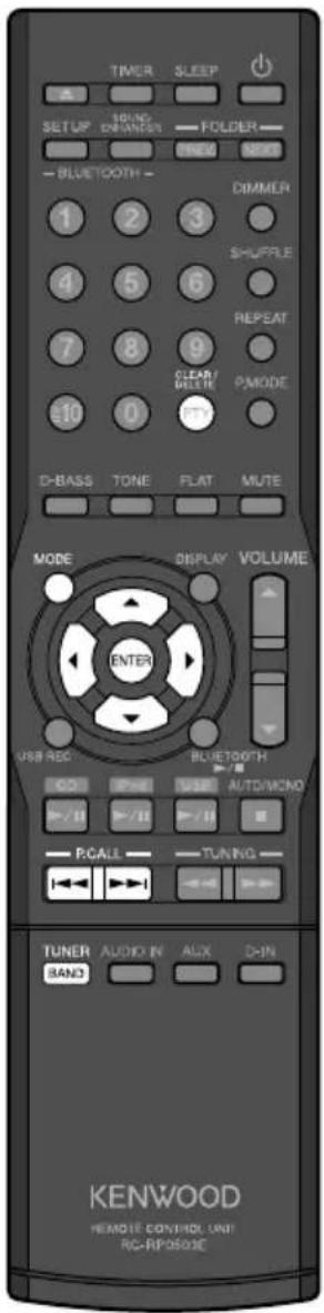 TIMER SLEEP SETUP SPRING DRINKING FOLDER NEW NEXT - BLUETOOTH - DIMMER 1 2 3 SHUFFLE 4 5 6 REPEAT 7 8 9 CLEAR/ MELITE PMODE 10 0 RIO D-BASS TONE FLAT MUTE MODE DISPLAY VOLUME ENTER USB REC BLUETOOTH COI PWR USB AUTO/MONO +/- II +/- II PGALL -TUNING - TUNER AUDIO IN AUX DIN BAND KENWOOD REMOTE CONTROL UNI RC-RPOSE *