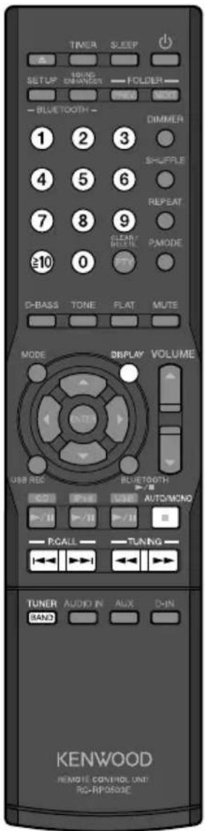 TIMER SLEEP SETUP SPRING DHANES FOLDER PREM NEXT -BLUTTOOTH - DIMMER 1 2 3 SHUPPLE 4 5 6 REPEAT 7 8 9 CLEAR FULLER PMODE ≥10 0 D-BASS TONE FLAT MUTE MODE DISPLAY VOLUME USB REC BLUETOOTH CO PTH USB AUTO/MONO +/- II +/- II - RCALL - TUNING - TUNER AUDIO IN AUX D-IN BAND KENWOOD REMOTE CONTROL UNI RC-RPO50E