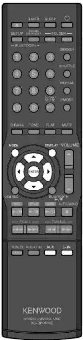 TIMER SLEEP SETUP ROUND LENDER FOLDER THRS NEXT BLUETOOTH DIMMER 3+ULPLE 1 2 3 4 5 6 REPEAT 7 8 9 CLEAR BEETR PMODE 10 0 PSY D-BASS TONE FLAT MUTE MODE DISPLAY VOLUME ENTER USB REC BLUETOOTH USB AUTO/MONO P/II P/III P/II PCALL TUNING TUNER AUDIO IN AUX D-IN KENWOOD REMOTE CONTROL UNI RC-RP-0501E