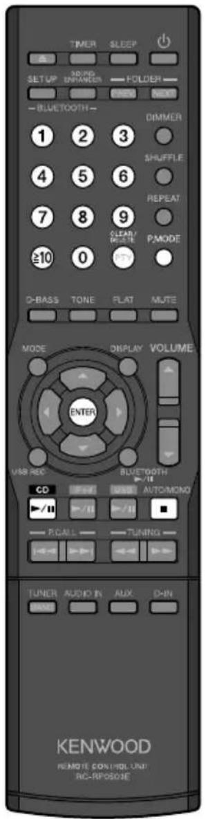 TIMER SLEEP SETUP 300000000000000000000000000000000000000000000000000000000000000000000000 1 2 3 DIMMER 1 2 3 SHUFFLE 4 5 6 REPEAT 7 8 9 CLEAR/WESTER PMODE ≥10 0 D-BASS TONE FLAT MUTE MODE DISPLAY VOLUME ENTER USB REC BLUETOOTH CD AUTO/MONO /II /II /II P.CALL TUNING TUNER AUDIO IN AUX D-IN KENWOOD REMOTE CONTROL UNIT AC-RPOSEDIE