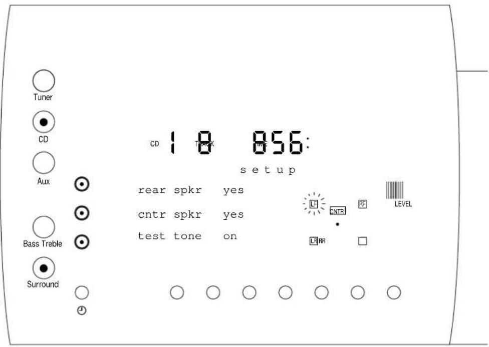 Tuner CD Aux Bass Treble Surround CD 1 8 056: setup rear spkr yes cntr spkr yes test tone on LEVEL CNT3 LRR □