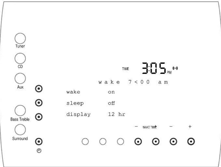 Tuner CD Aux Bass Treble Surround TIME 3:05 PM wake 7 < 0 0 am wake on sleep off display 12 hr - WAKE TIME - + ○ ○ ○ ● ● ● ●