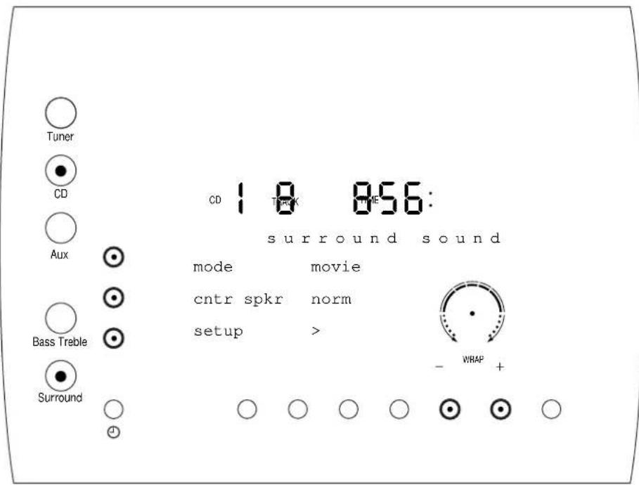 Tuner CD Aux Bass Treble Surround CD 1 0 056: sur round sound mode movie cntr spkr norm setup > - WRAP + ○ ○ ○ ○ ● ● ○ ○