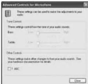 Advanced Controls for Microphone These settings can be used to make line adjustments to your audio. Time Controls These settings control how the time of your audio sounds: Base High Table Low High Other Controls These settings enable other changes to have your audio sounds. See your hardware (transmission for details) 1 ABC Close